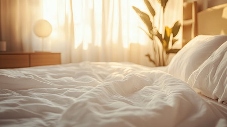 A soft focus image of white bedding fabric with organic wrinkles, shot in a warm, serene atmosphereの素材