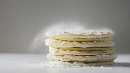 A stack of flour tortillas with a dusting of flour on top, placed on a white surface, emphasizing their fresh preparation.の素材