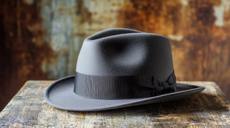 A sophisticated man's fedora in gray felt with a sleek black band, placed on a rustic wooden tableの素材