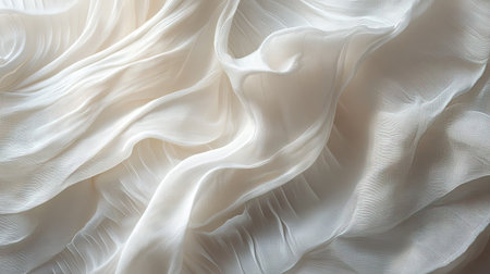 A soft and airy image of wrinkled white bedding, with a focus on the interplay between light and shadowの素材