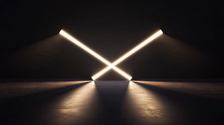 Dual spotlights crossing each other, forming an X shape in a pitch-black environmentの素材
