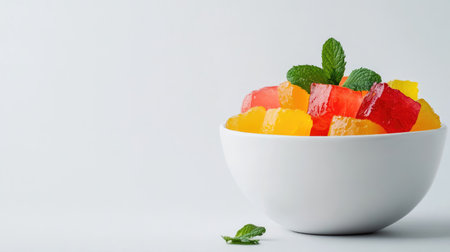 A white ceramic bowl filled with vibrant jelly cubes, garnished with mint leaves, set against a clean white backgroundの素材