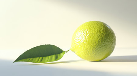 A whole lime with its leaf gently resting beside it, isolated on a bright white backgroundの素材