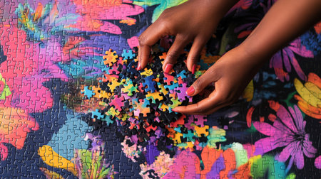 Hands holding a pile of assorted jigsaw pieces over a vibrant puzzle mat.の素材