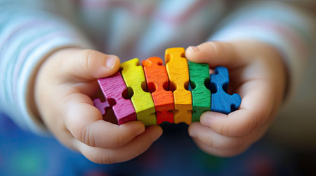 A toddler's tiny hands holding a colorful wooden jigsaw piece for a children's puzzle.の素材