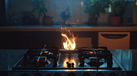The mesmerizing flicker of a gas stove flame surrounded by an empty, shadowy sceneの素材