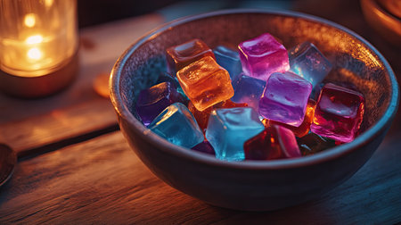 A bowl of multicolored jelly cubes glistening under soft lighting, placed on a rustic wooden surfaceの素材