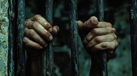 Desperate hands holding tightly onto the bars, with a faint reflection of tears on the metal.の素材