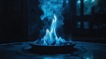 Blue flames curling upward from a gas burner in a dimly lit, minimalist frameの素材