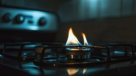 High-contrast image of a gas stove flame in sharp focus, illuminating the burner in the darkの素材