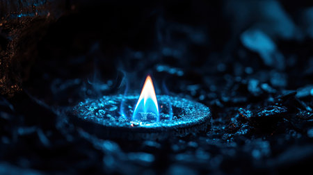 The soft blue glow of a gas stove flame on a burner in a tranquil dark settingの素材