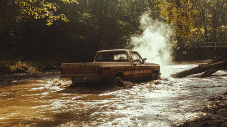 A pick-up truck paused in the middle of a muddy river, with steam rising from its engine under the sunlightの素材