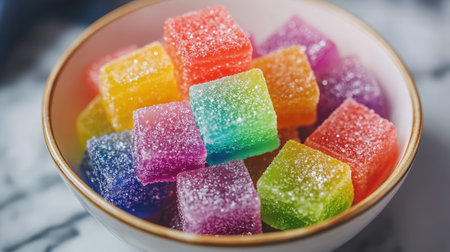 A playful shot of rainbow-colored jelly cubes in a bowl, with sparkling sugar crystals on topの素材