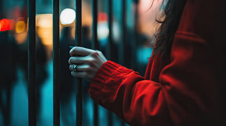 A side view of a woman's hands gripping prison bars, with blurred figures walking in the background.の素材
