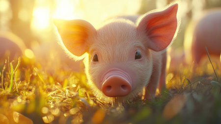 A close-up of a tiny piglet's snout as it investigates a patch of grass, with its ears perked up and the sun shining down on the farm.の素材