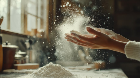 A close-up of a female hand gracefully tossing white flour into the air, creating a snow-like scene in a warmly lit kitchen with baking tools around.の素材