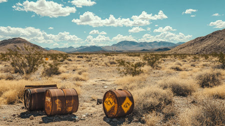 A barren desert landscape with multiple rusting barrels and hazardous waste warning signs, symbolizing illegal dumping of toxic materials.の素材