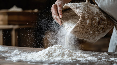 A close-up of a female hand gently pouring white flour from a rustic bag onto a wooden table, resembling fresh snow falling softly.の素材