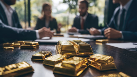 A business meeting with gold bars displayed prominently on the table, symbolizing discussions about investments and financial growth strategies.の素材