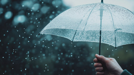 A close-up of a hand gripping an umbrella handle, raindrops bouncing off the top, set against a gray, cloudy sky.の素材