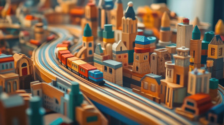 A close-up of an intricately built wooden block city, with buildings, roads, and bridges carefully crafted by a child.の素材