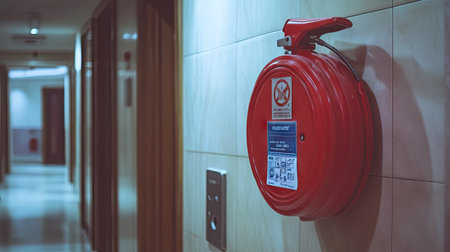 A close-up of a red fire extinguisher mounted on a wall in an office hallway, with clear signage indicating its location for emergencies.の素材