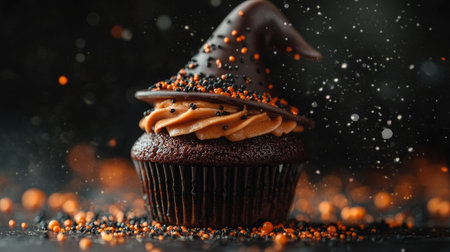 A close-up of a Halloween cupcake muffin with a witch hat made of chocolate, surrounded by festive orange and black sprinkles.の素材