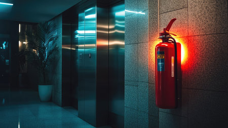 A brightly lit fire extinguisher mounted near an elevator in a commercial building, emphasizing preparedness in public spaces.の素材