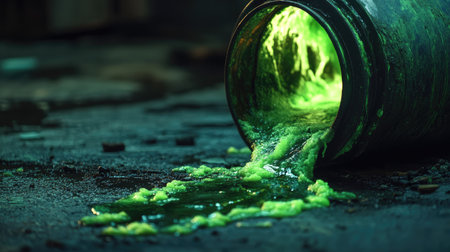 A close-up of a leaking container of toxic waste with a green, glowing substance spilling onto the ground, symbolizing dangerous contamination.の素材