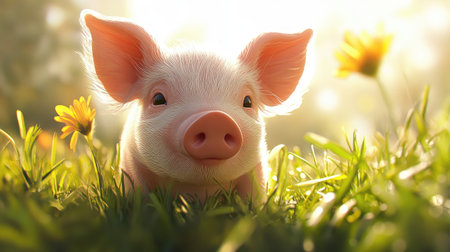 A close-up of a tiny piglet's snout as it investigates a patch of grass, with its ears perked up and the sun shining down on the farm.の素材