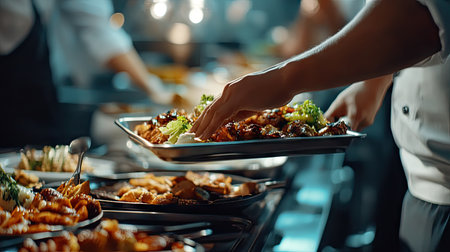 A close-up of a waiters hand skillfully balancing a tray with delicious entrees, showcasing the effort and speed required in a busy restaurant.の素材