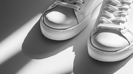 A close-up of minimalist white leather sneakers on a light grey surface, with delicate shadows accentuating the soft curves and lines of the design.の素材