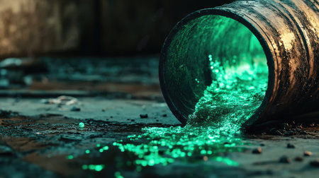 A close-up of a leaking container of toxic waste with a green, glowing substance spilling onto the ground, symbolizing dangerous contamination.の素材