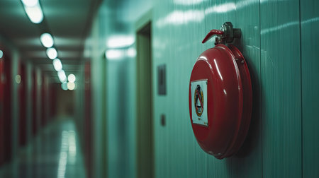 A close-up of a red fire extinguisher mounted on a wall in an office hallway, with clear signage indicating its location for emergencies.の素材