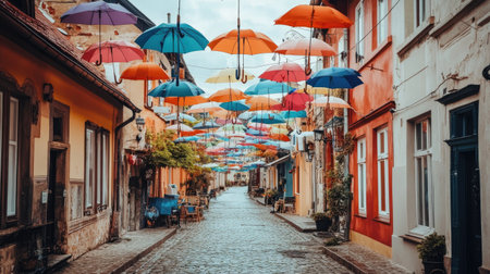A colorful array of open umbrellas hanging from strings in the air, creating a canopy over a cobblestone street in a European town.の素材