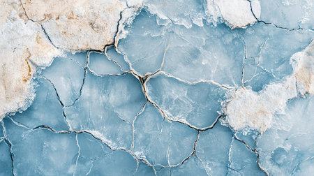A close-up of a polar ice cap with visible cracks, symbolizing the fragile state of Earth's polar regions due to rising temperatures.の素材