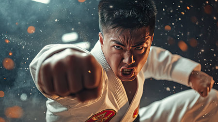 A dynamic action shot of a Taekwondo practitioner executing a high spinning kick, with a focus on their intense expression and the fluid motion of their uniform.の素材