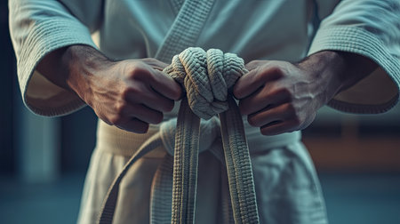 A close-up of a Taekwondo belt being tied, showcasing the intricate knots and the practitioners determined hands, set against a dojo backdrop.の素材