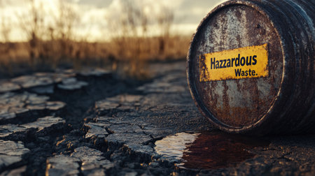 A close-up of a rusty barrel leaking toxic liquid into a cracked, barren landscape, with a yellow warning label that reads "Hazardous Waste."の素材