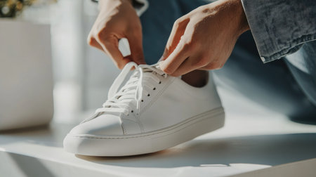 A close-up of a person tying the laces of their minimalist white leather sneakers while seated on a clean white bench, with soft light enhancing the simplicity of the moment.の素材