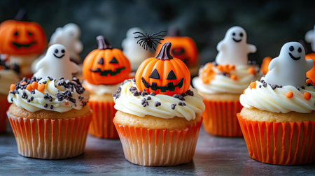 A collection of Halloween cupcakes arranged on a table, each topped with mini pumpkins, candy ghosts, and spiderweb decorations.の素材