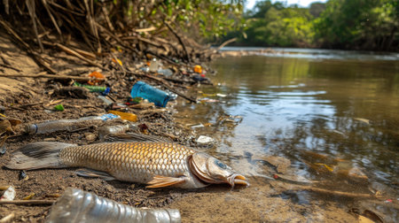 A dead fish washed ashore on a polluted riverbank, with plastic bottles and trash scattered in the water and on the sand.の素材