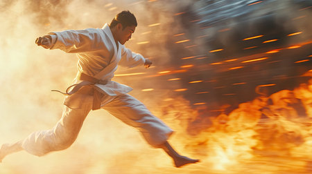 A dramatic shot of a Taekwondo practitioner in mid-air executing a flying kick, with a blurred background emphasizing the speed and power of the move.の素材