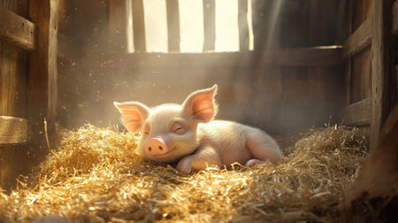 A cute piglet resting in a pile of straw inside a cozy barn, with soft sunlight filtering through the wooden slats of the barn wall.の素材