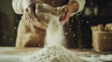 A close-up of a female hand gently pouring white flour from a rustic bag onto a wooden table, resembling fresh snow falling softly.の素材