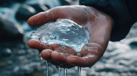 A close-up of a hand holding a piece of melting ice, with water dripping down, symbolizing the rapid melting of glaciers.の素材
