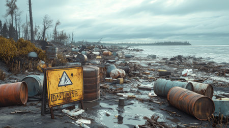 A coastline covered in hazardous waste barrels and industrial debris, with a sign warning of contamination and unsafe conditions for wildlife.の素材