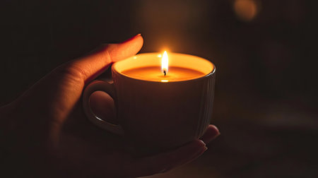A cup of coffee being held by a hand, surrounded by complete darkness, with the cup softly lit as the only source of warmth.の素材