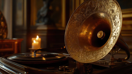 A close-up of the intricate brass horn of a gramophone as music plays, with the warm glow of a candle flickering nearby.の素材