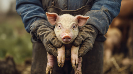 A farmer gently holding a piglet in their arms, with the piglet's tiny legs dangling and a peaceful expression on its face.の素材